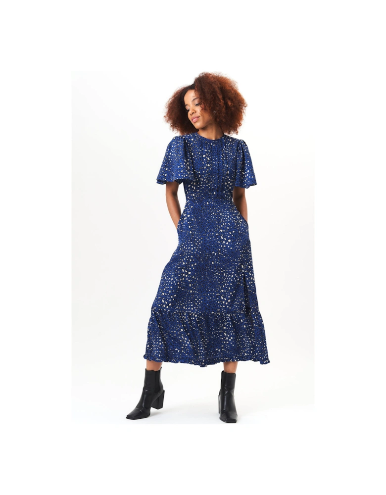 Navy Animal Print Angel Sleeves Midi Dress