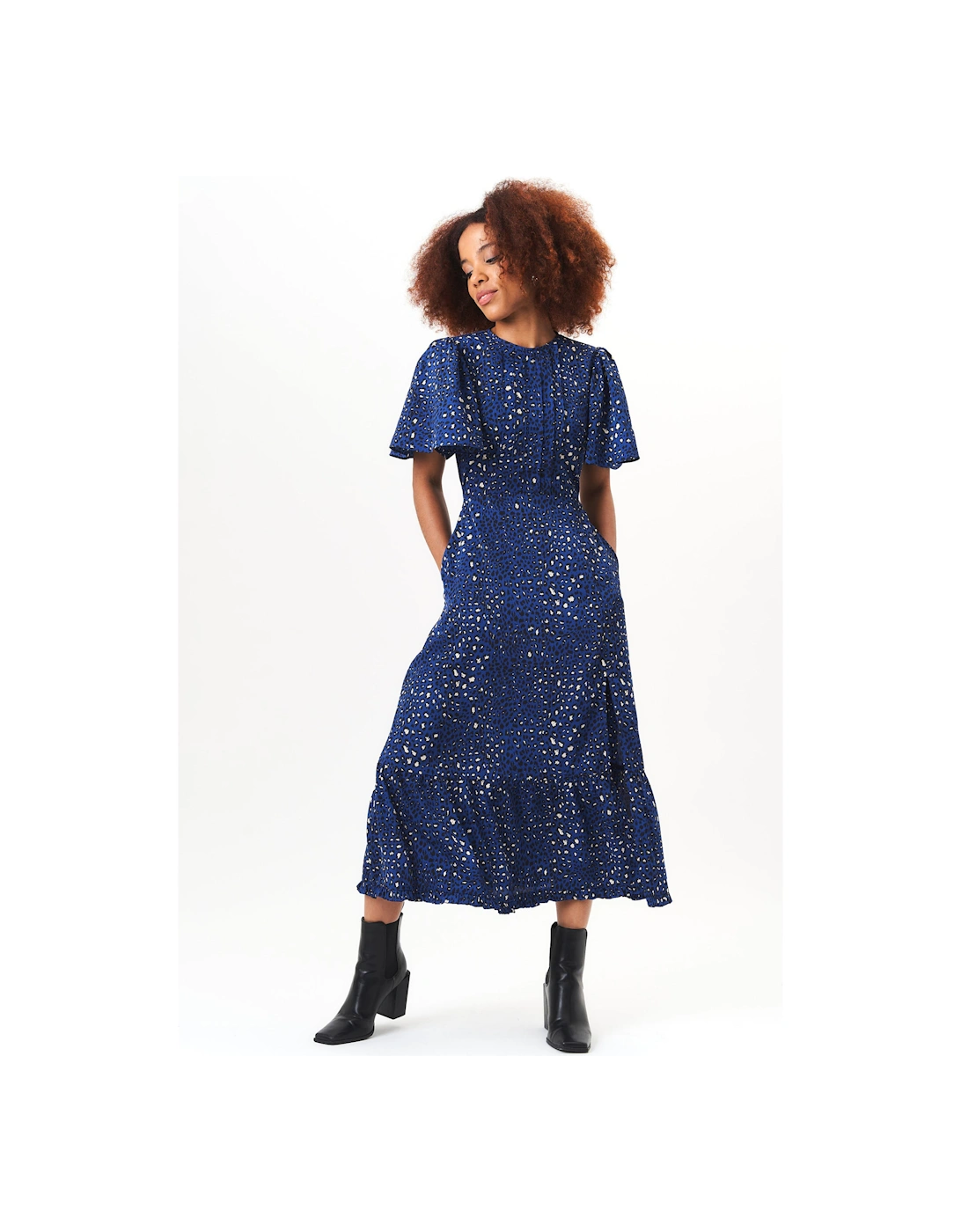 Navy Animal Print Angel Sleeves Midi Dress, 5 of 4