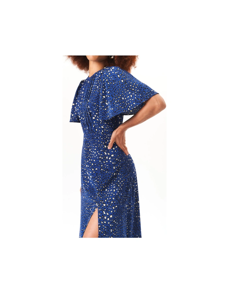 Navy Animal Print Angel Sleeves Midi Dress