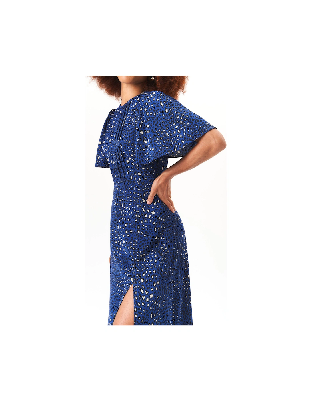 Navy Animal Print Angel Sleeves Midi Dress