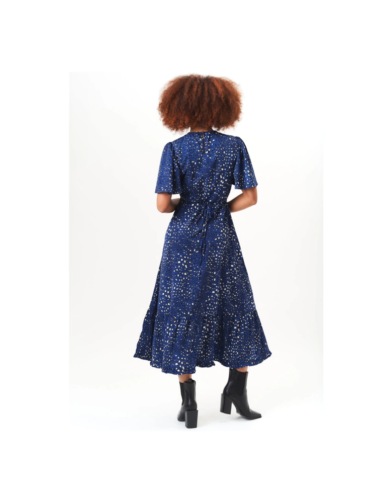 Navy Animal Print Angel Sleeves Midi Dress