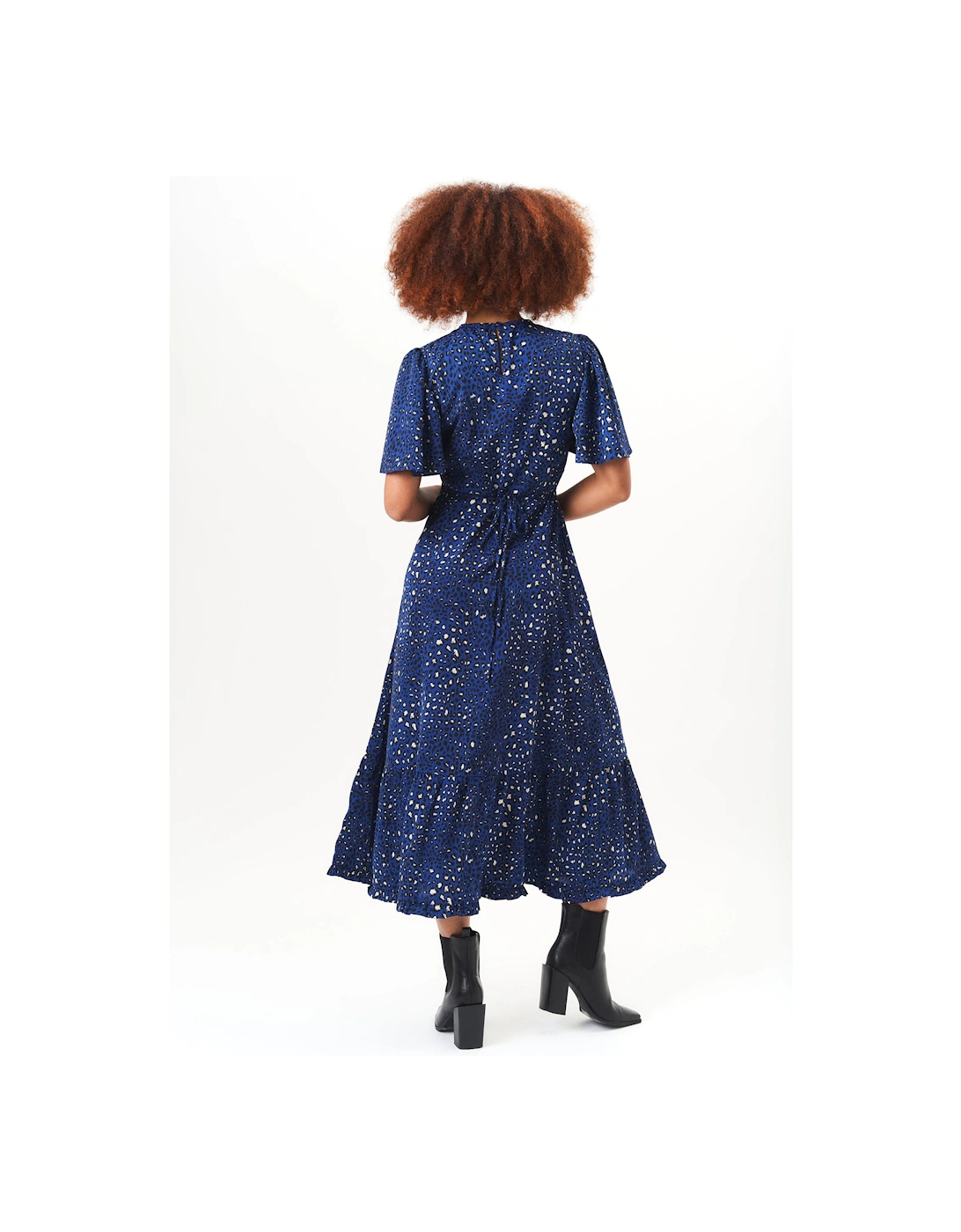 Navy Animal Print Angel Sleeves Midi Dress