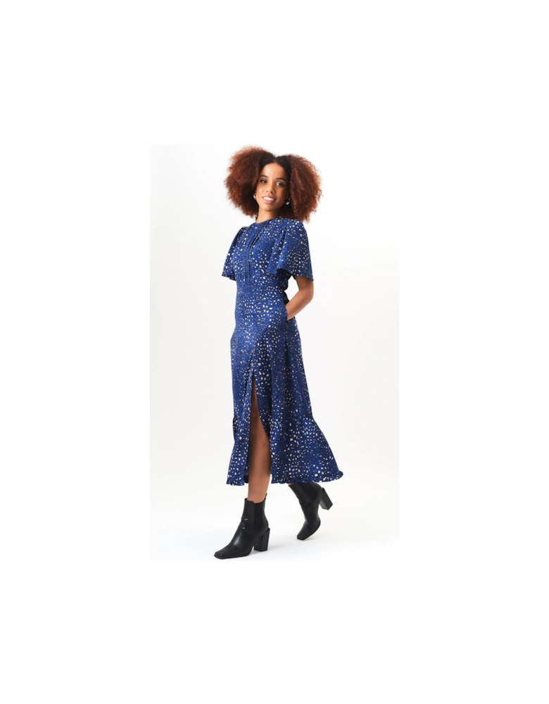 Navy Animal Print Angel Sleeves Midi Dress