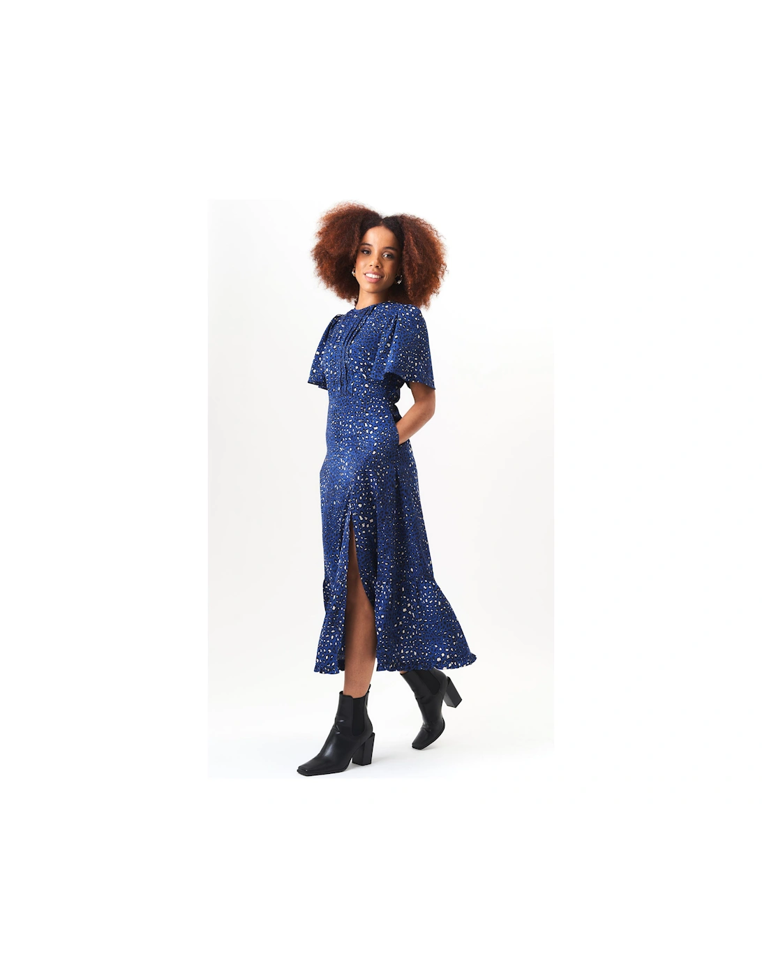 Navy Animal Print Angel Sleeves Midi Dress