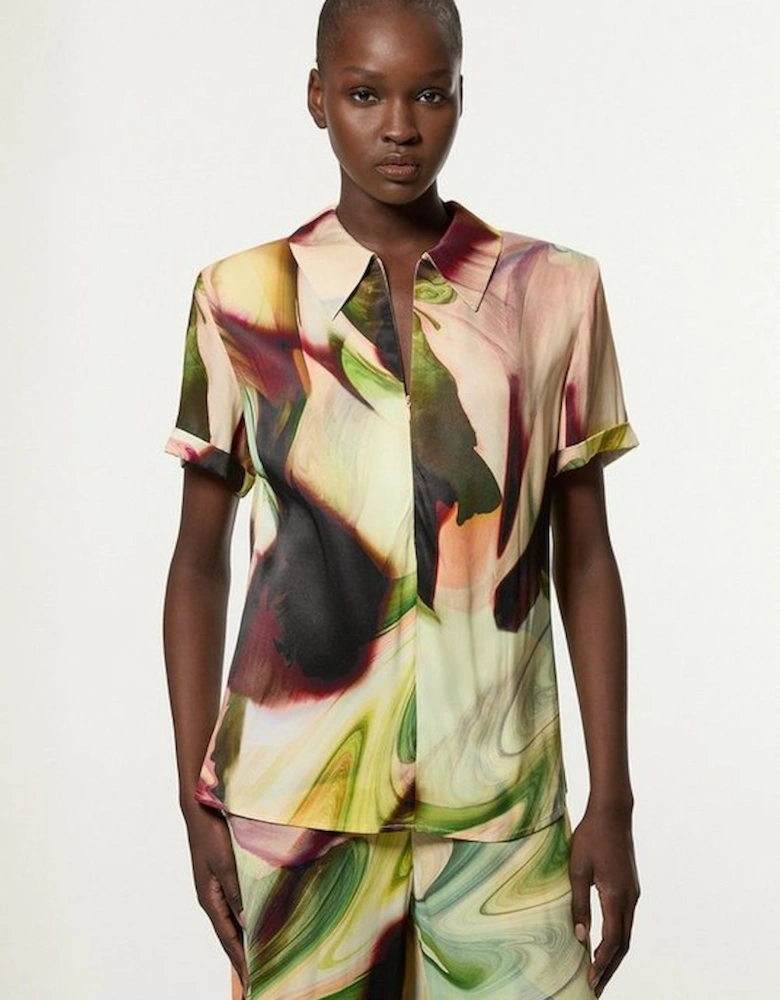 Printed Satin Woven Polo Top