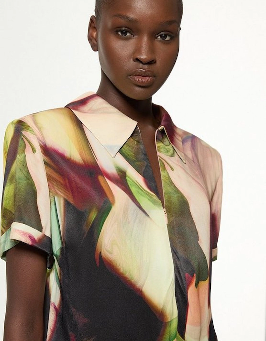 Printed Satin Woven Polo Top