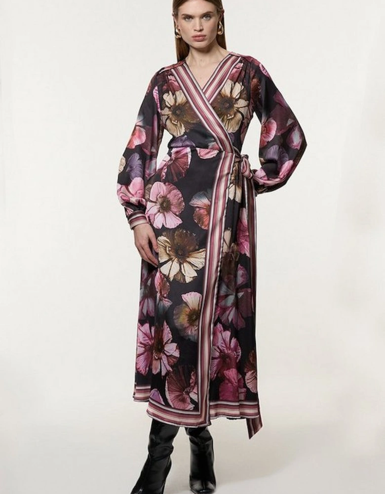 Floral Border Print Woven Maxi Wrap Dress