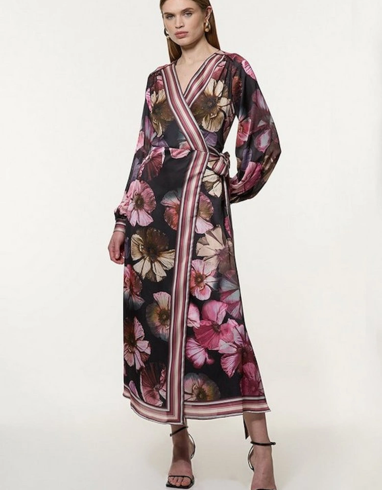 Floral Border Print Woven Maxi Wrap Dress