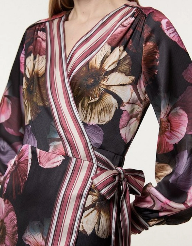 Floral Border Print Woven Maxi Wrap Dress