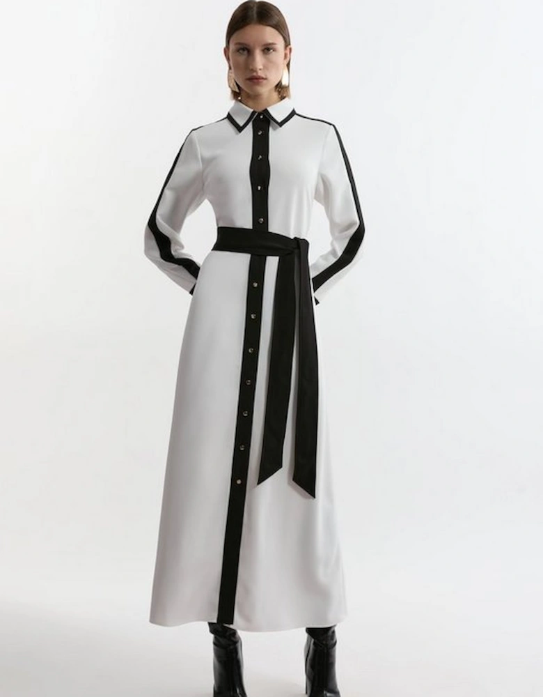 Colour Block Twill Woven Belted Midi Shirt Dress