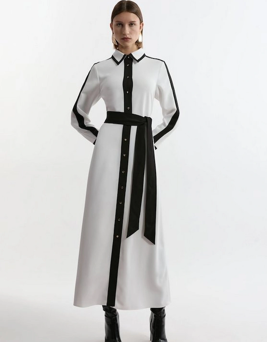 Colour Block Twill Woven Belted Midi Shirt Dress, 5 of 4