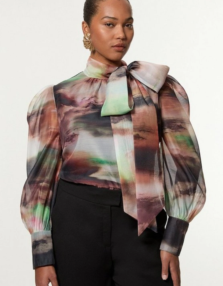 Plus Size Marbled Organdie Pussybow Woven Blouse