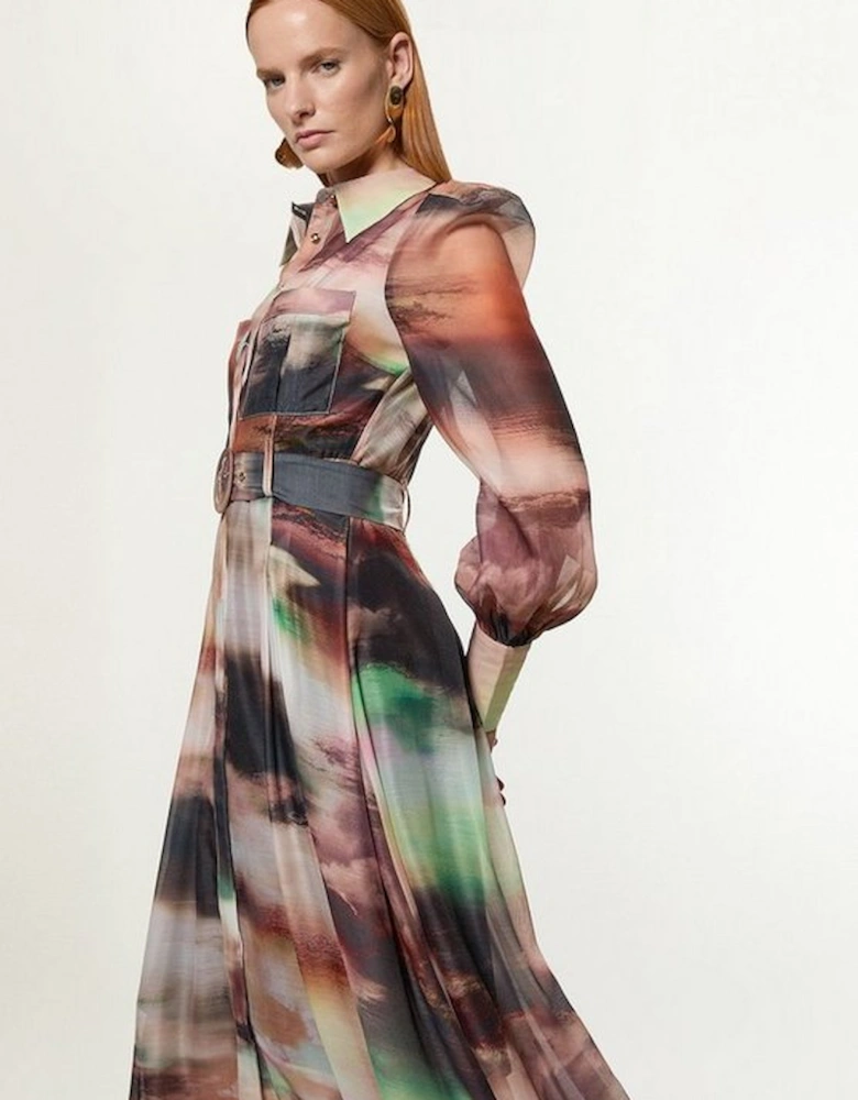 Marbled Organdie Belted Woven Midi Dress