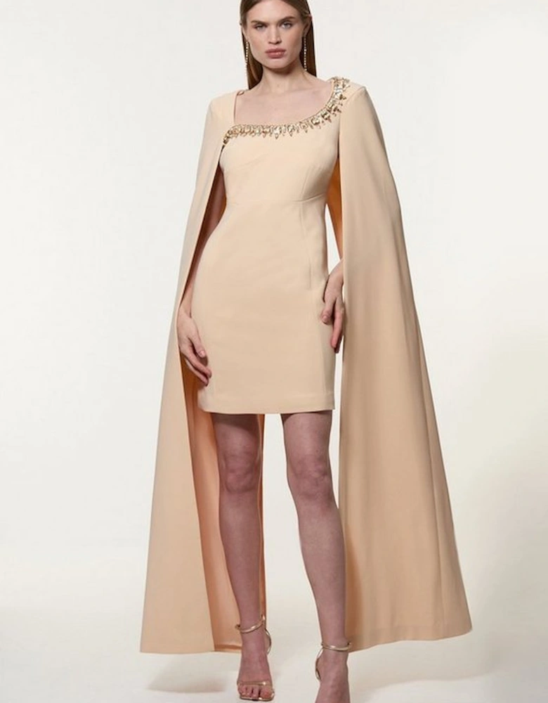 Petite Crystal Embellished Viscose Crepe Woven Cape Mini Dress