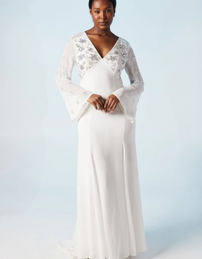 Embellished Flare Sleeve Boho Wedding Dress