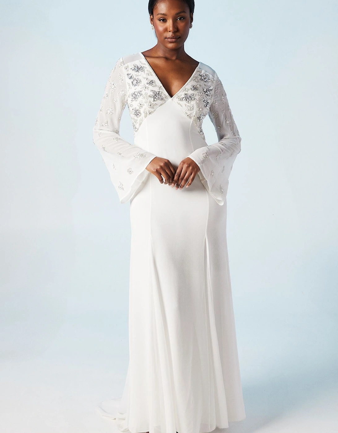 Embellished Flare Sleeve Boho Wedding Dress, 6 of 5