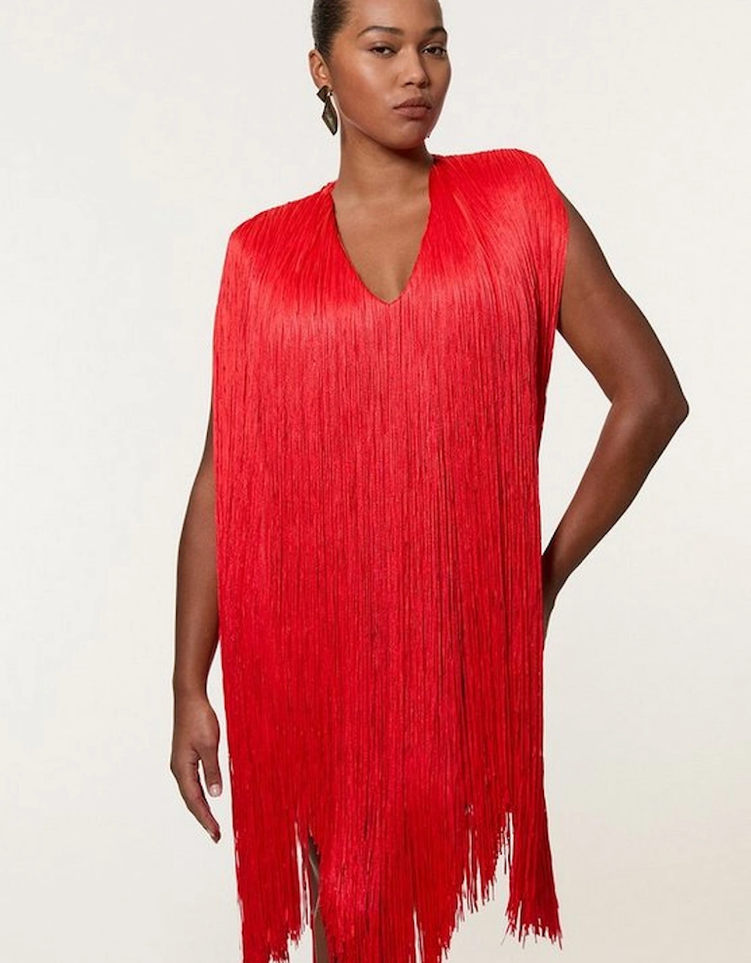 Plus Size Figure Form Bandage Knit V Neck Fringe Mini Dress, 5 of 4