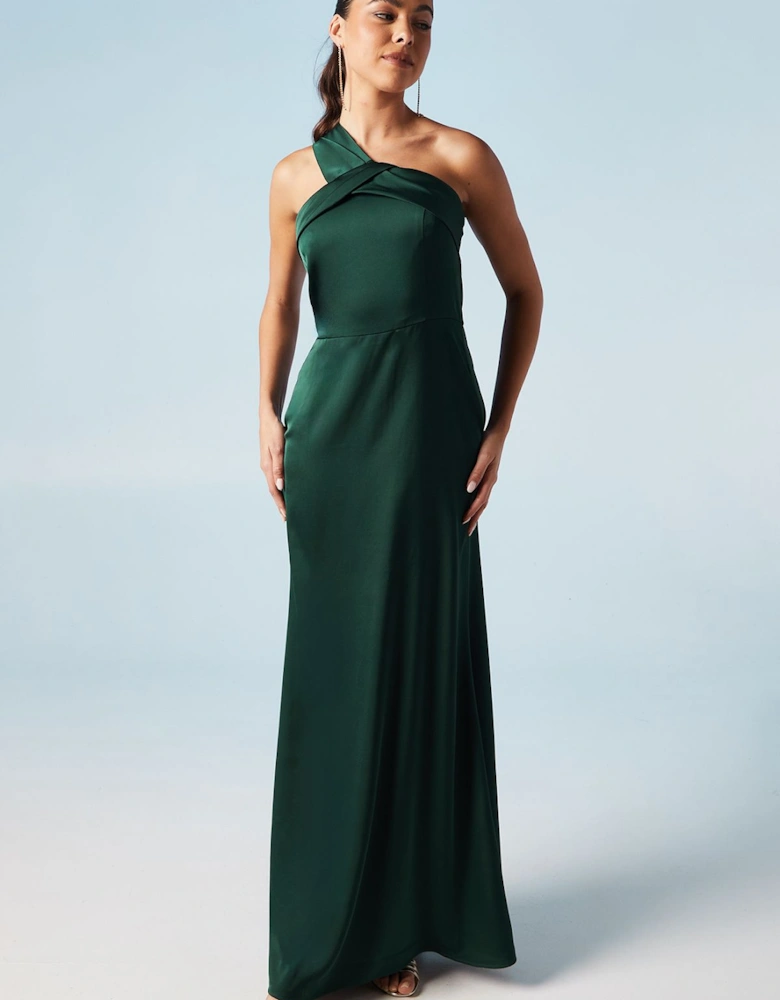 Asymmetric Neckline Satin Bridesmaids Maxi Dress