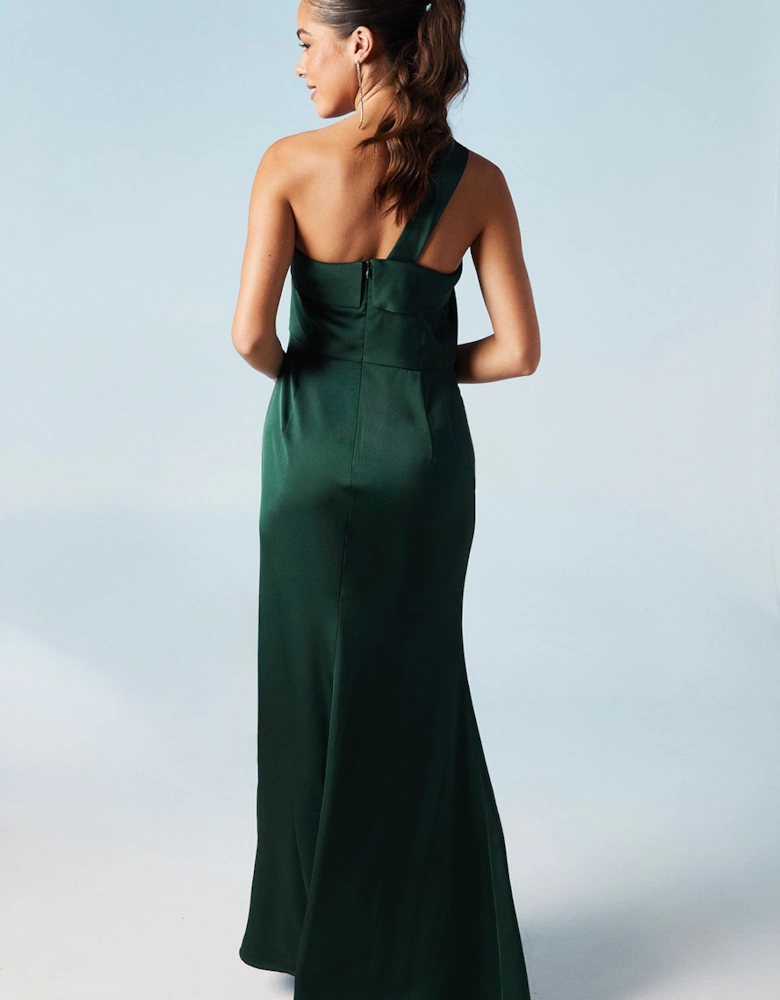 Asymmetric Neckline Satin Bridesmaids Maxi Dress