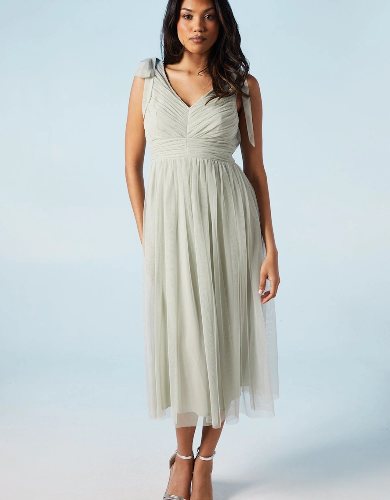 V Neck Bow Shoulder Pleated Mesh Bridesmaids Midi Dress