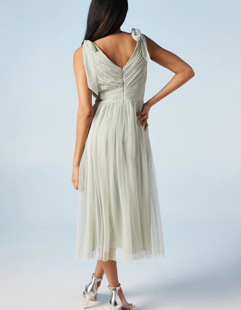 V Neck Bow Shoulder Pleated Mesh Bridesmaids Midi Dress