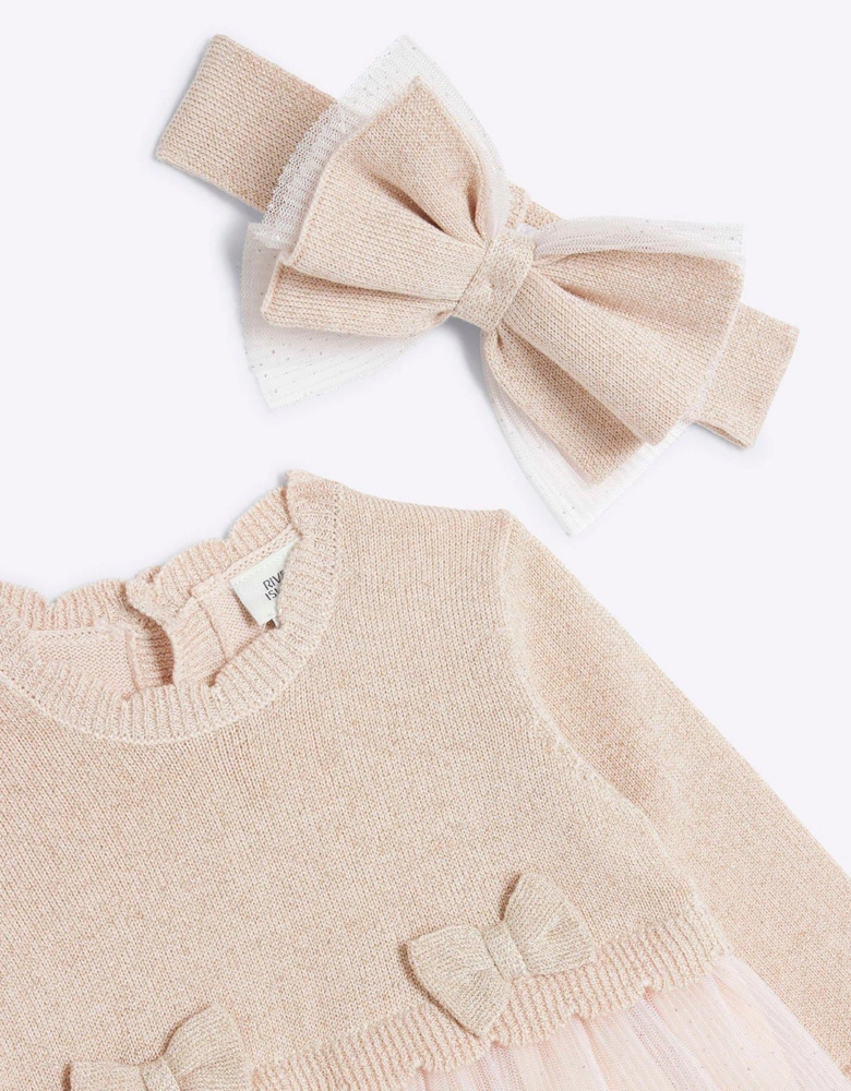 Baby Girl Knitted Mesh Dress Set - Pink