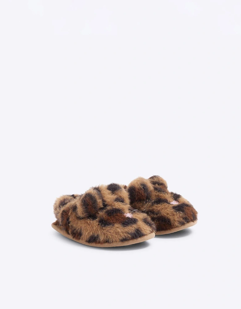 Faux Fur Leopard Slipper - Brown