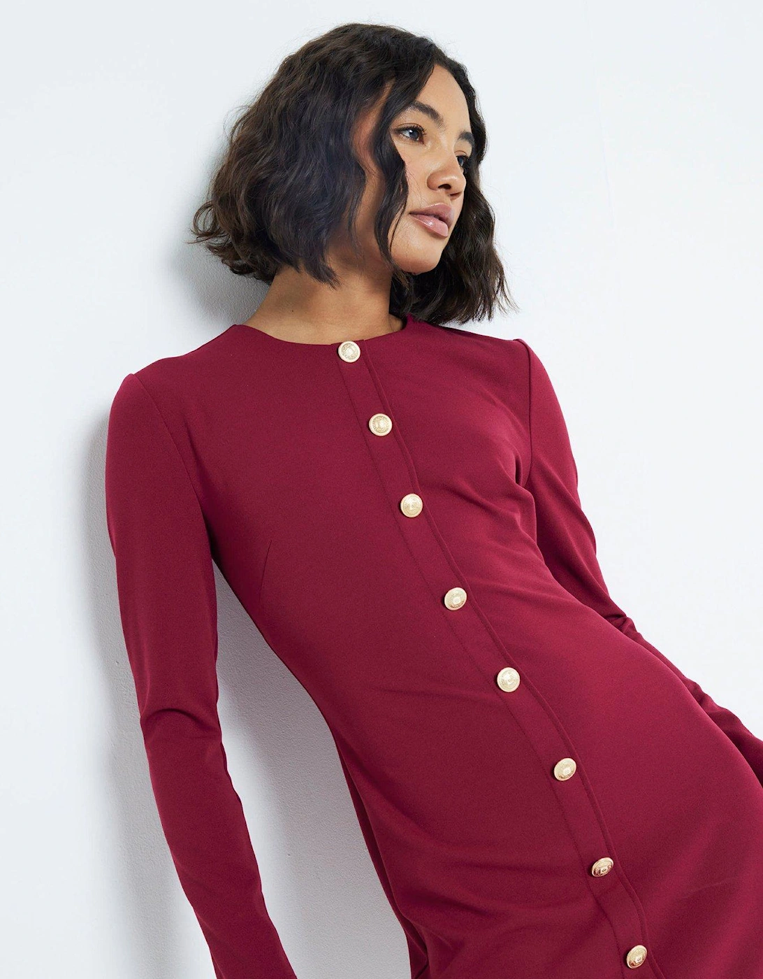 Button Shoulder Shift Mini Dress - Dark Red