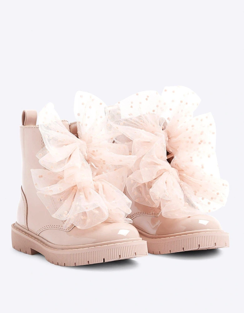 Girl Patent Organza Lace Up Boots - Pink