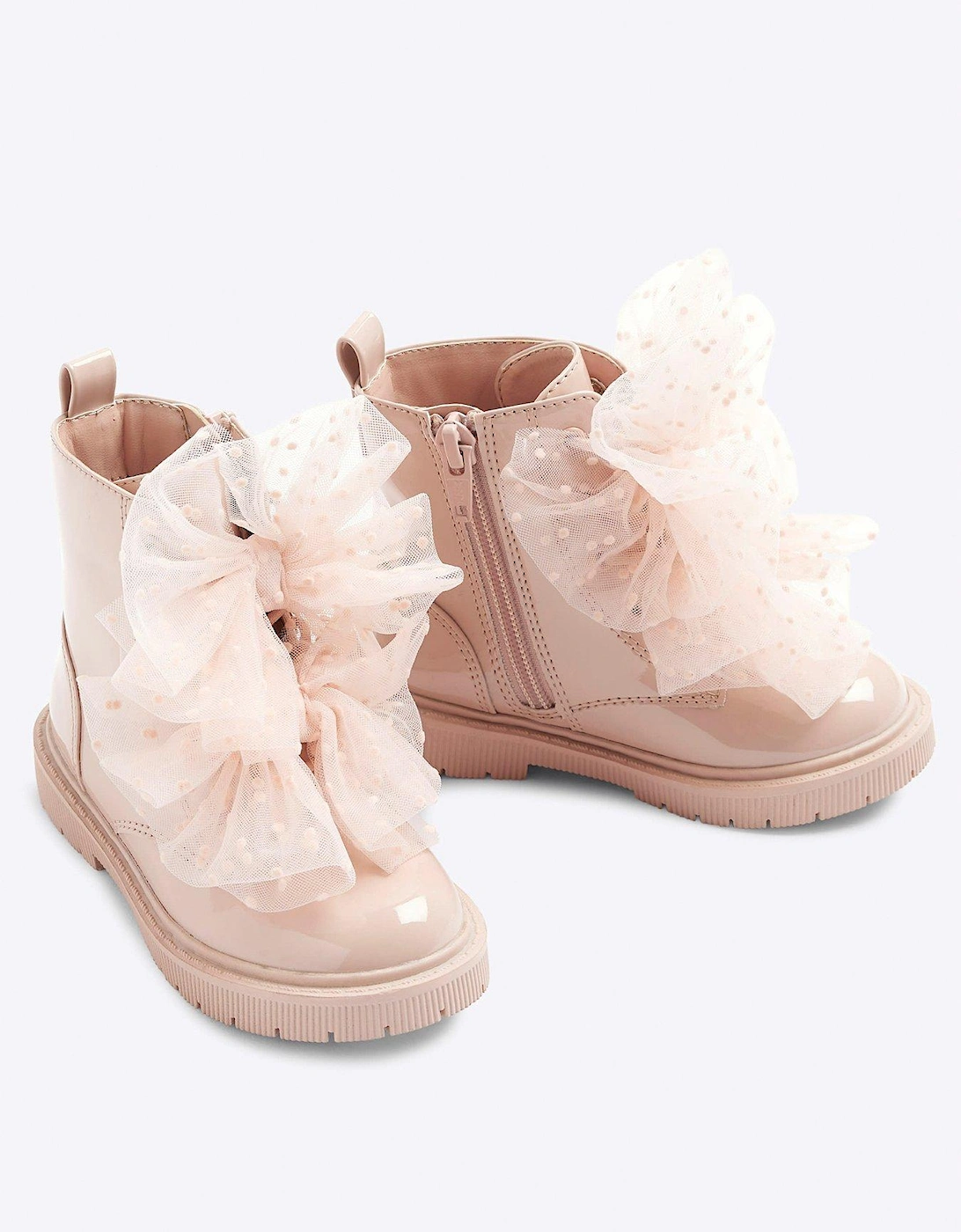 Girl Patent Organza Lace Up Boots - Pink