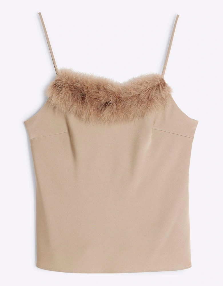 Feather Trim Cami Top - Light Beige