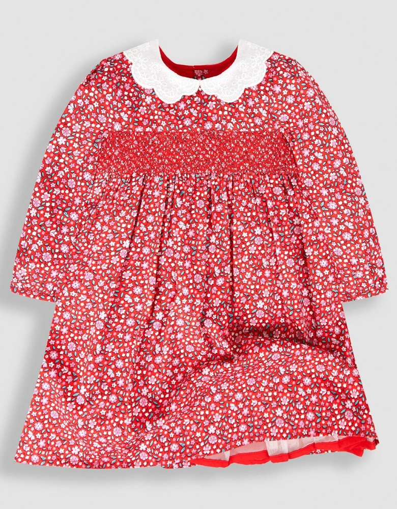 Girls Winter Blossom Print Smocked Party Dress - Red