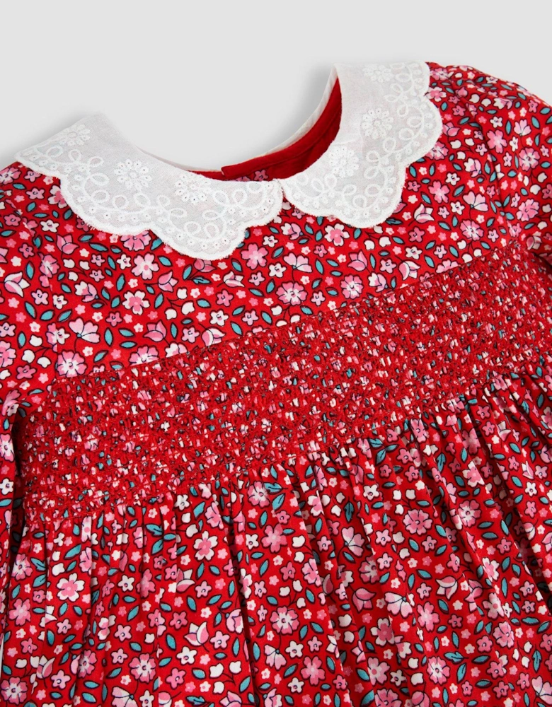 Girls Winter Blossom Print Smocked Party Dress - Red