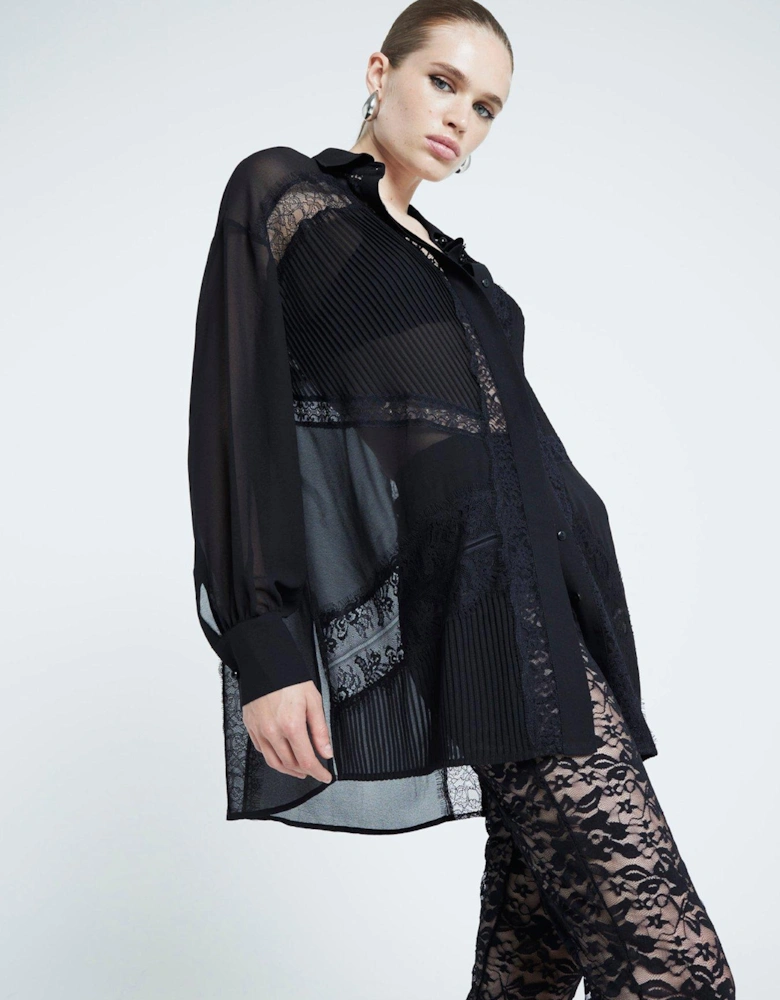 Lace Chiffon Oversized Shirt - Black