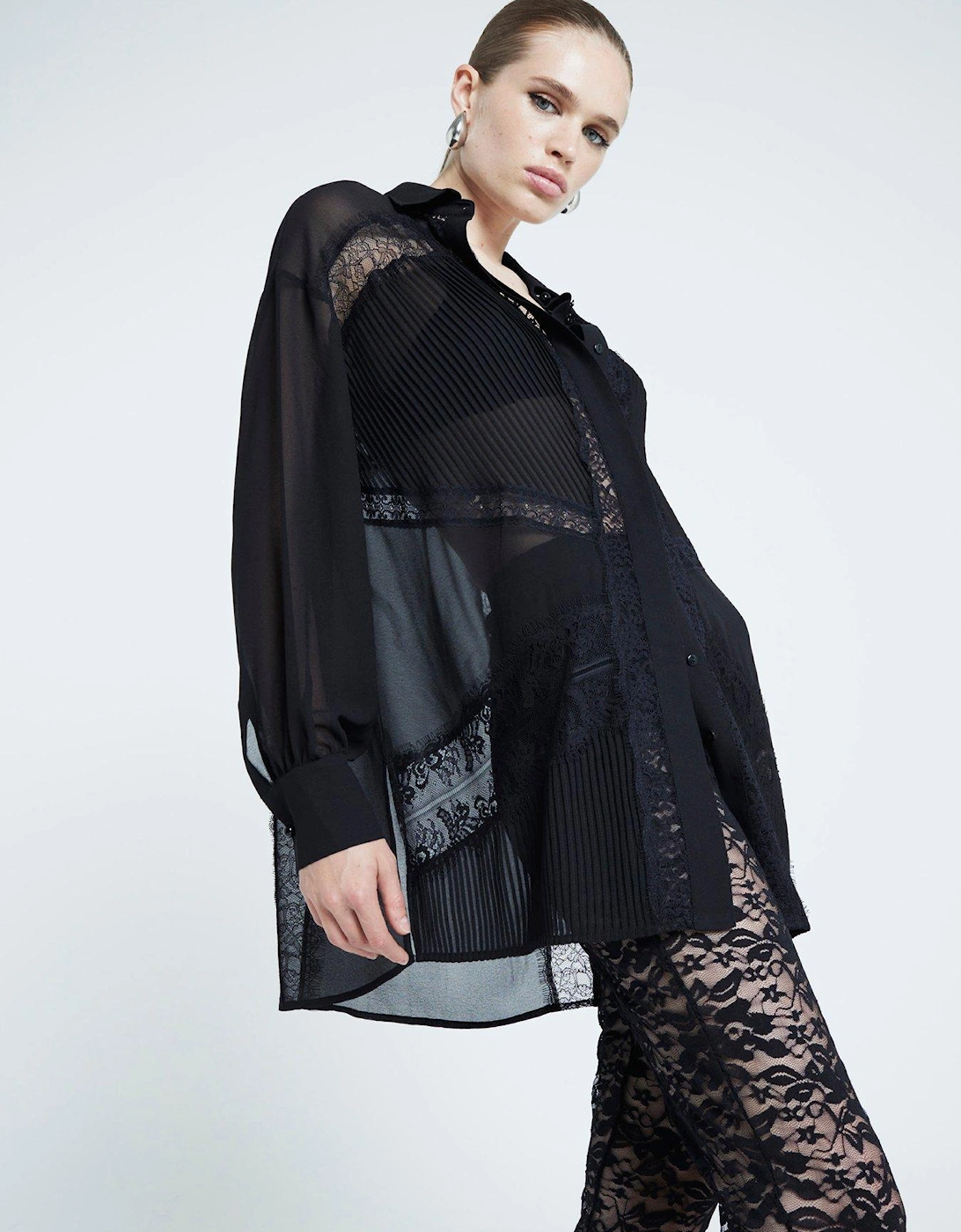 Lace Chiffon Oversized Shirt - Black