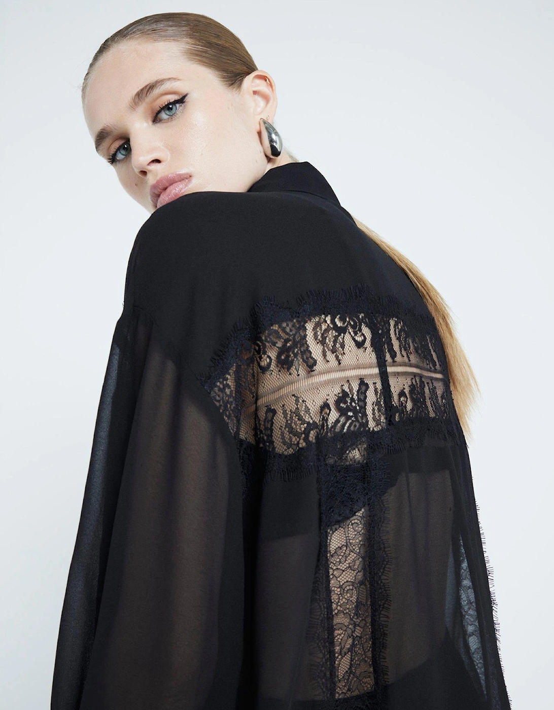 Lace Chiffon Oversized Shirt - Black