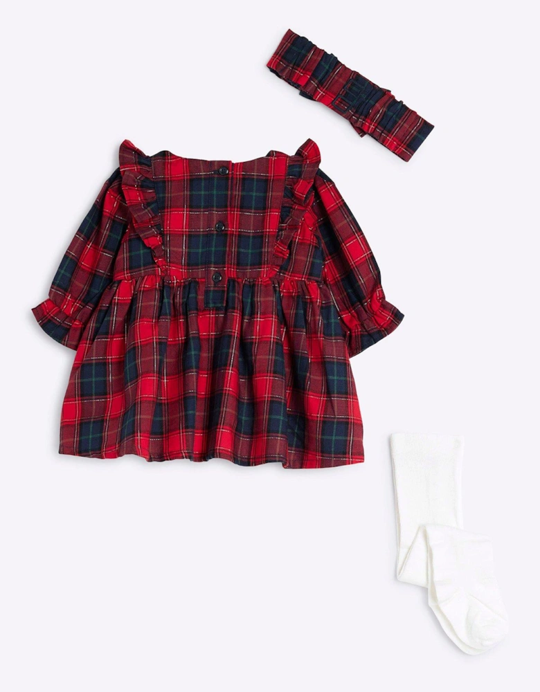 Baby Girls Christmas Check Dress Set With Tights - Red