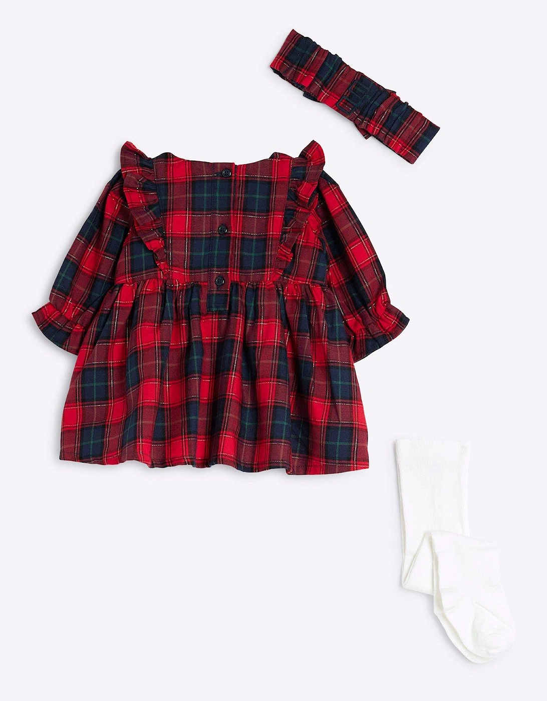 Baby Girls Christmas Check Dress Set With Tights - Red