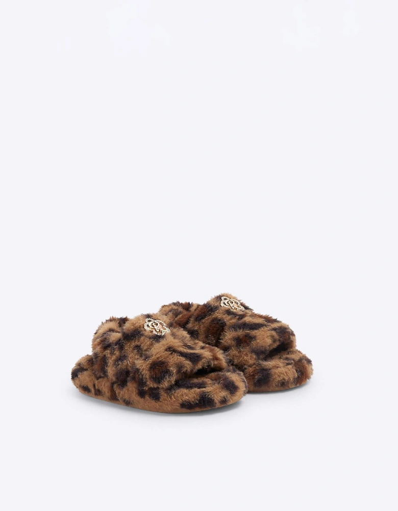 Faux Fur Leopard Slippers - Brown