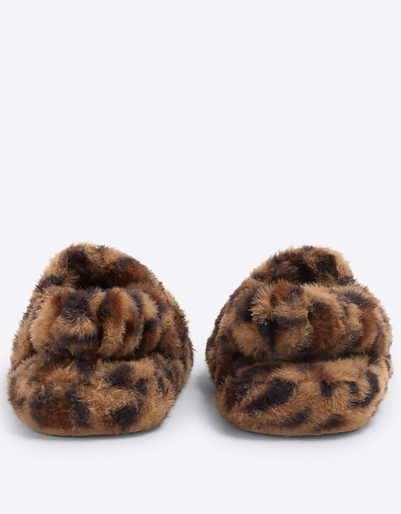 Faux Fur Leopard Slippers - Brown