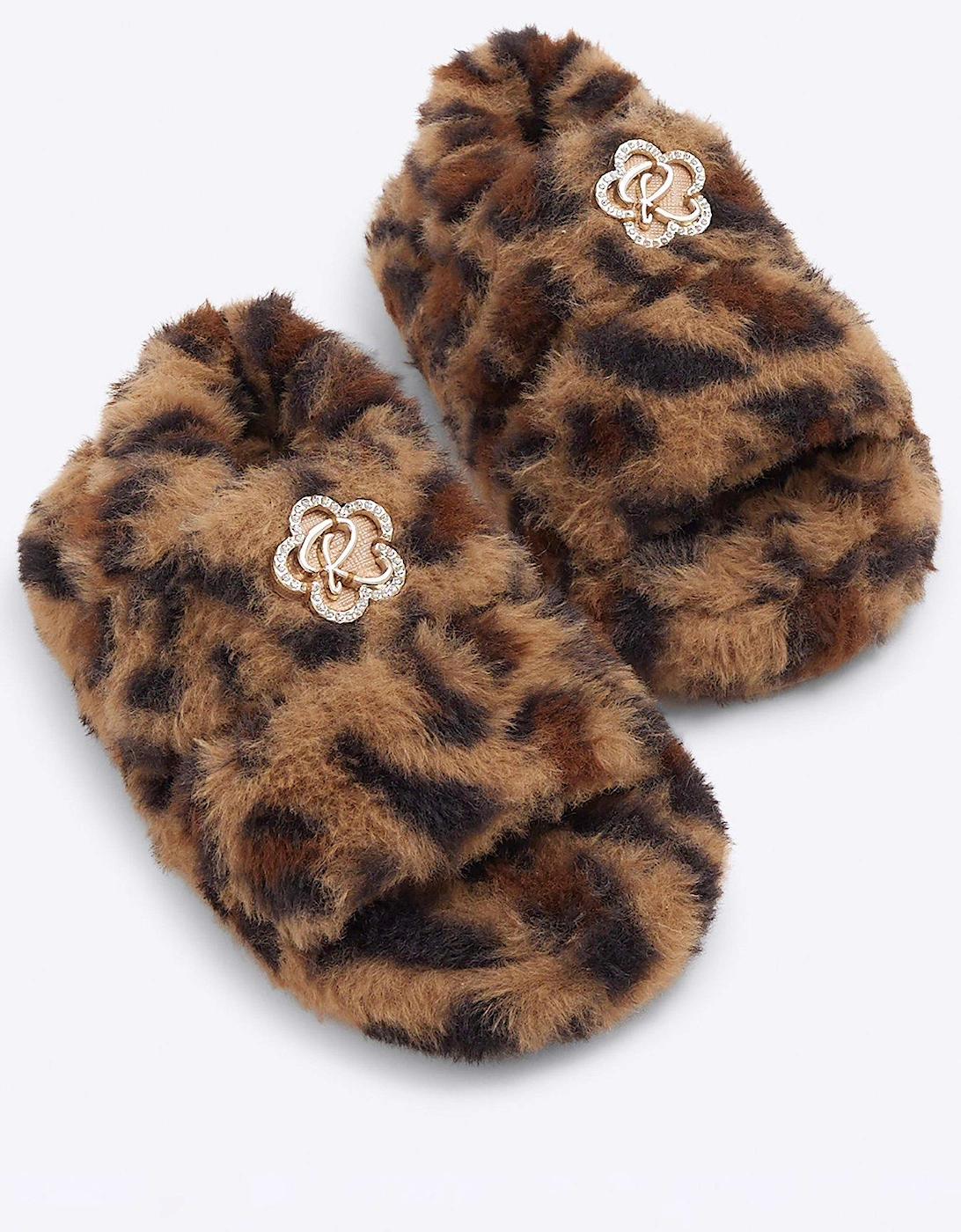 Faux Fur Leopard Slippers - Brown