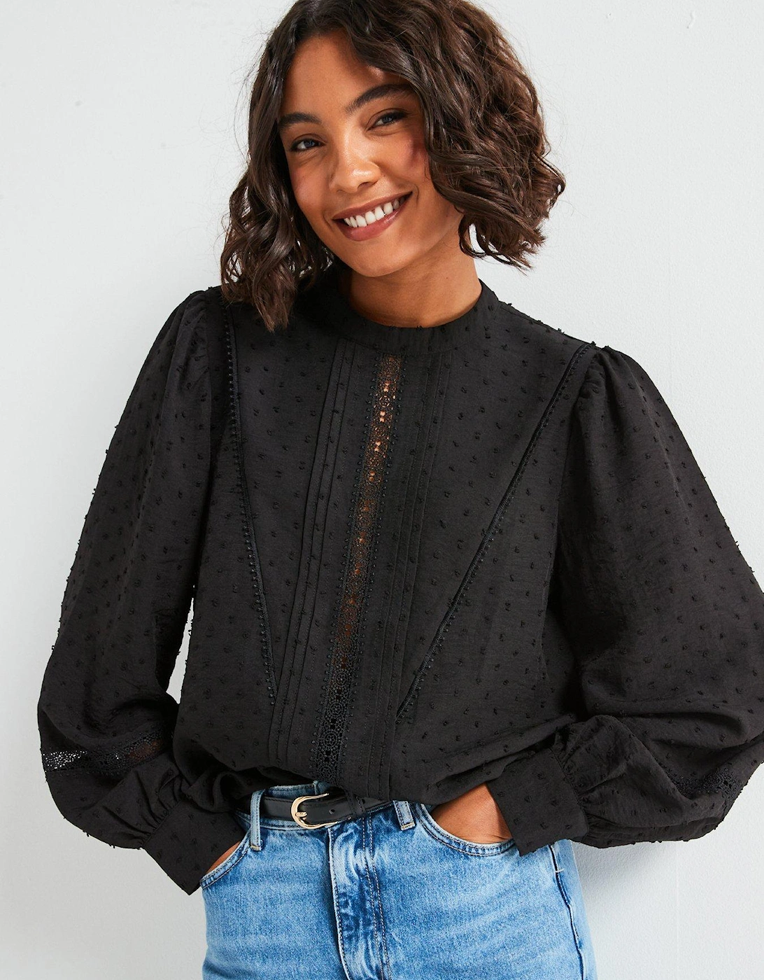 Dobby Lace High Neck Blouse - Black