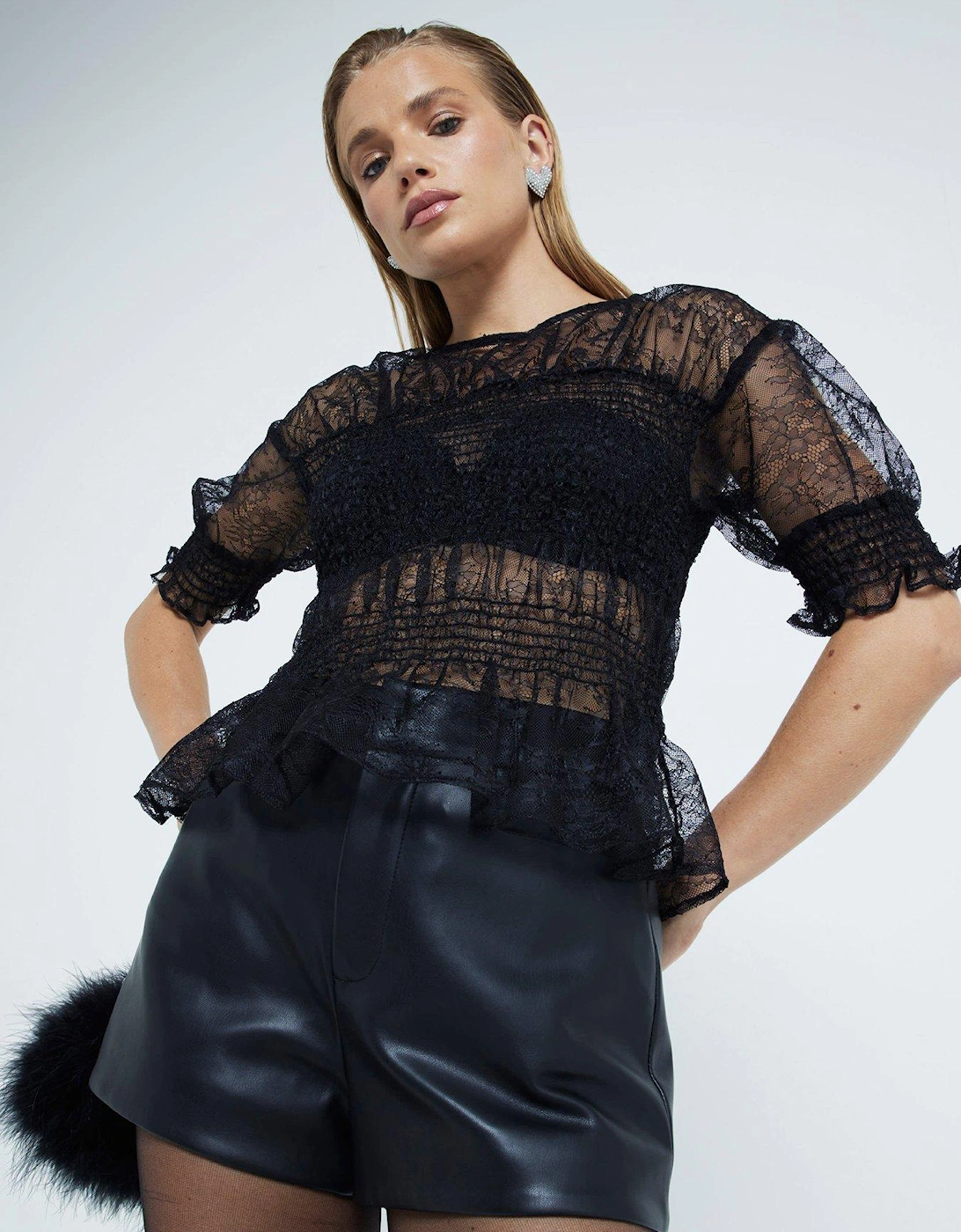 Lace Shirred Peplum Top - Black