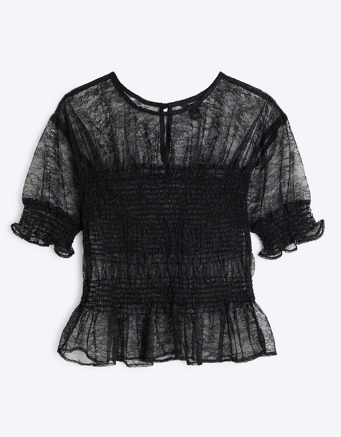 Lace Shirred Peplum Top - Black