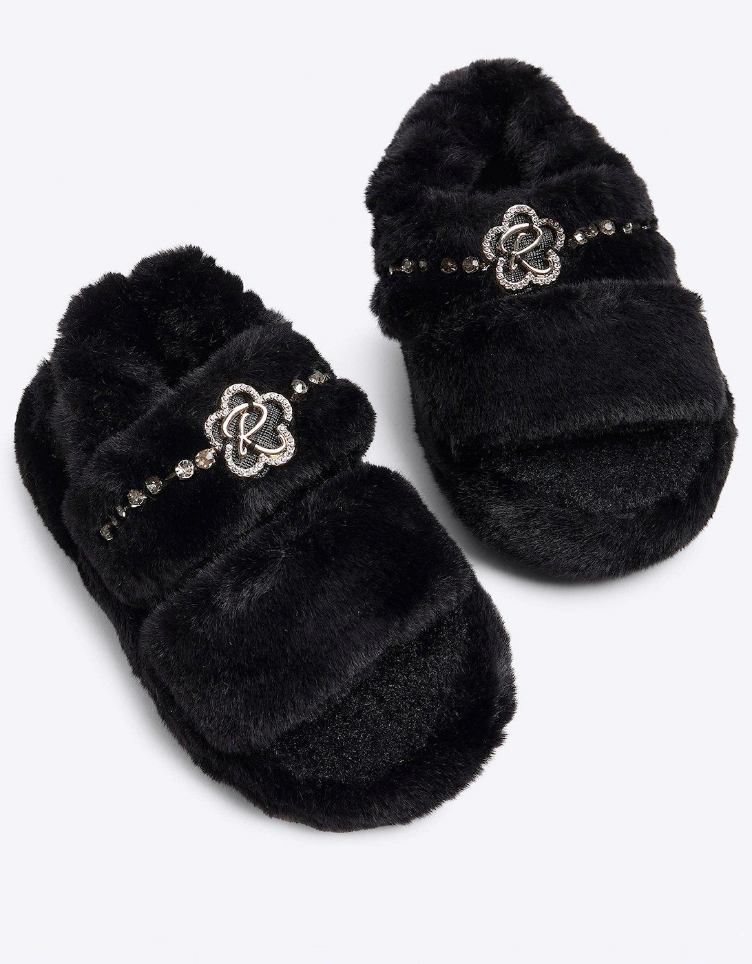 Girls Faux Fur Open Toe Slippers - Black