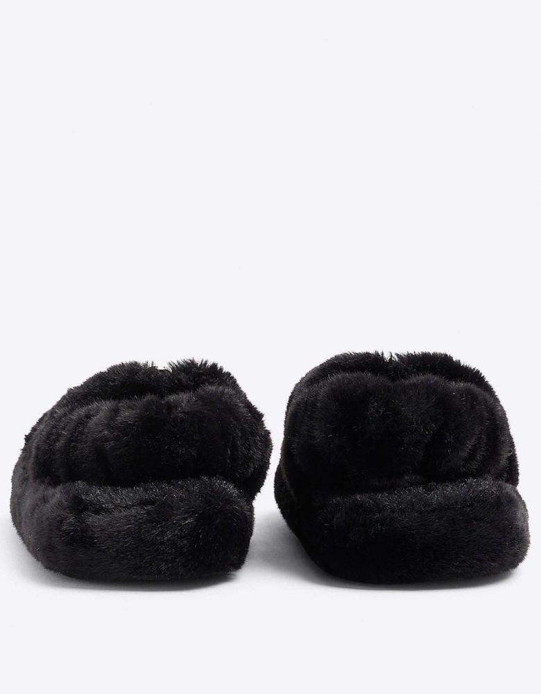 Girls Faux Fur Open Toe Slippers - Black