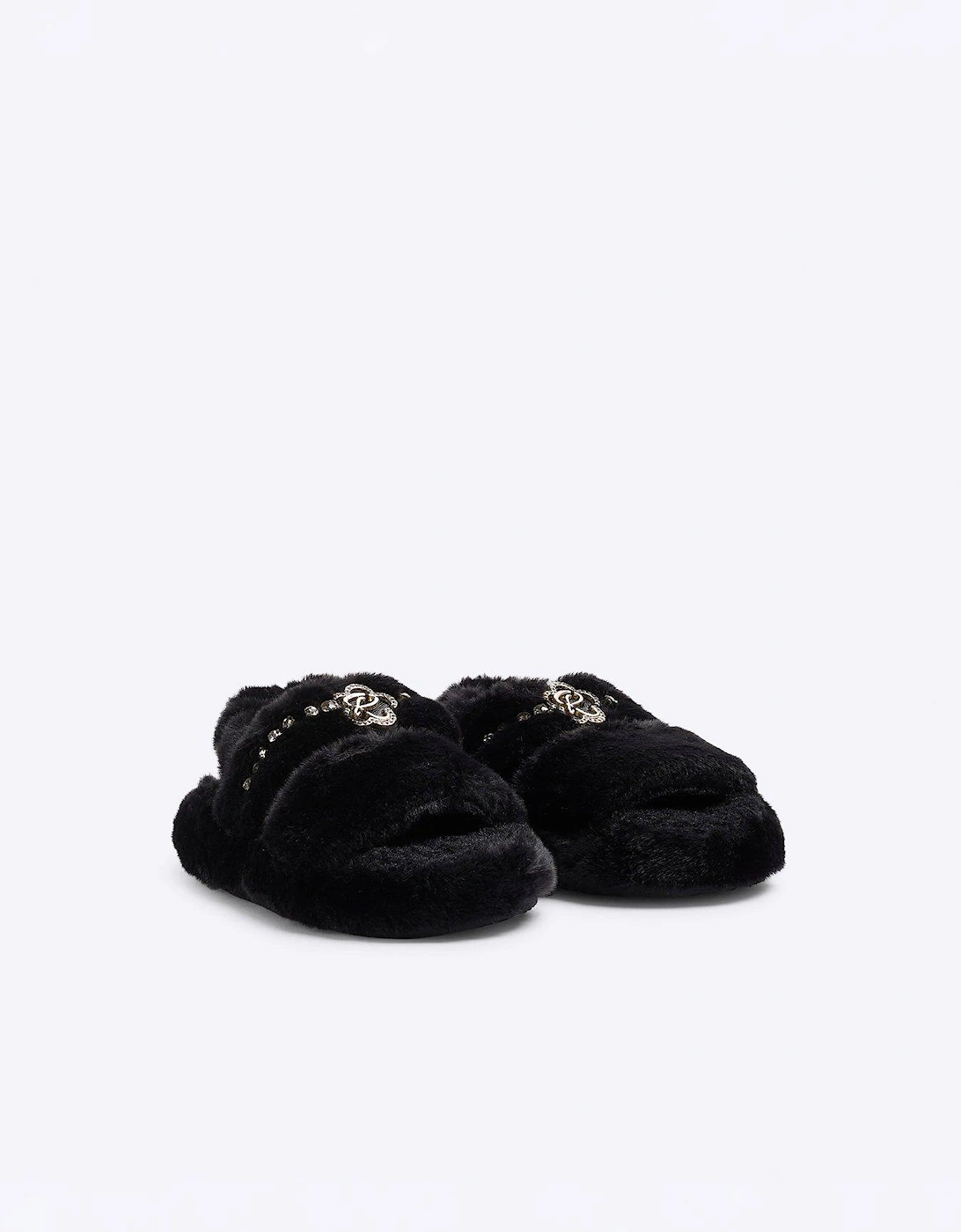 Girls Faux Fur Open Toe Slippers - Black