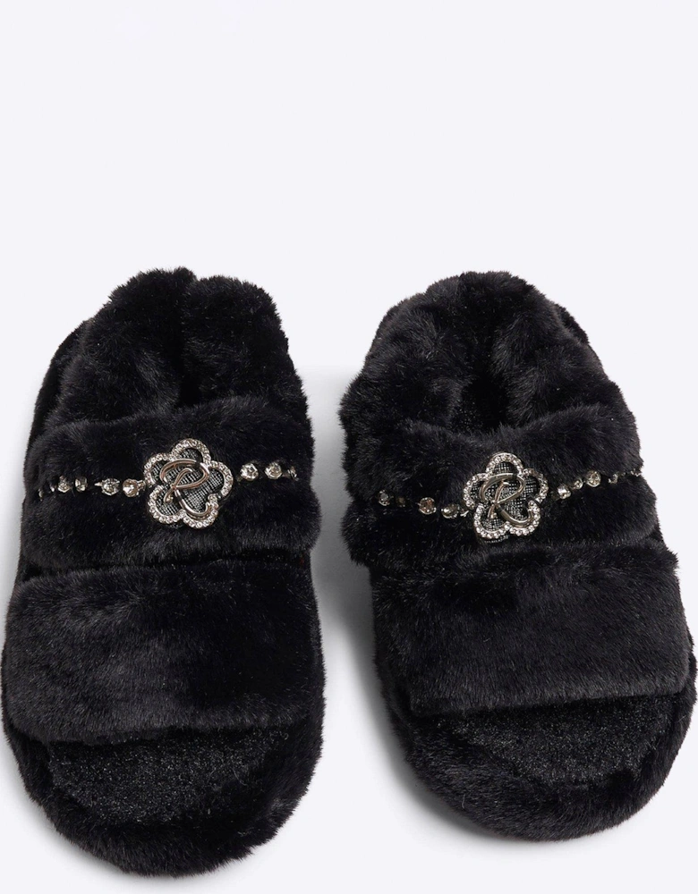 Girls Faux Fur Open Toe Slippers - Black