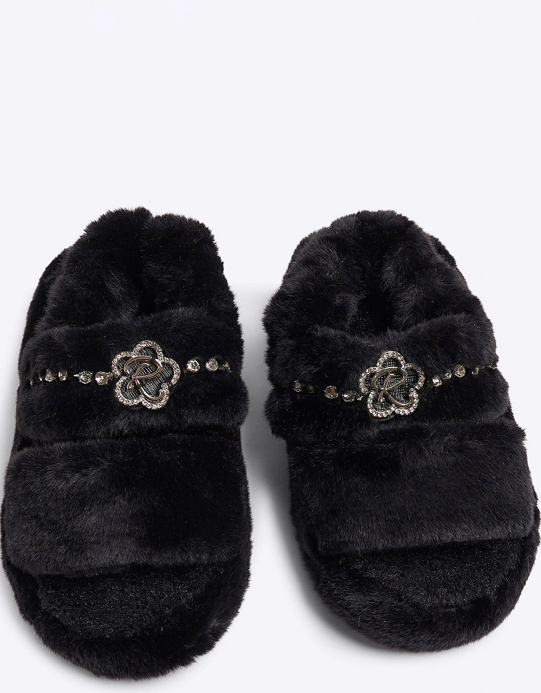 Girls Faux Fur Open Toe Slippers - Black