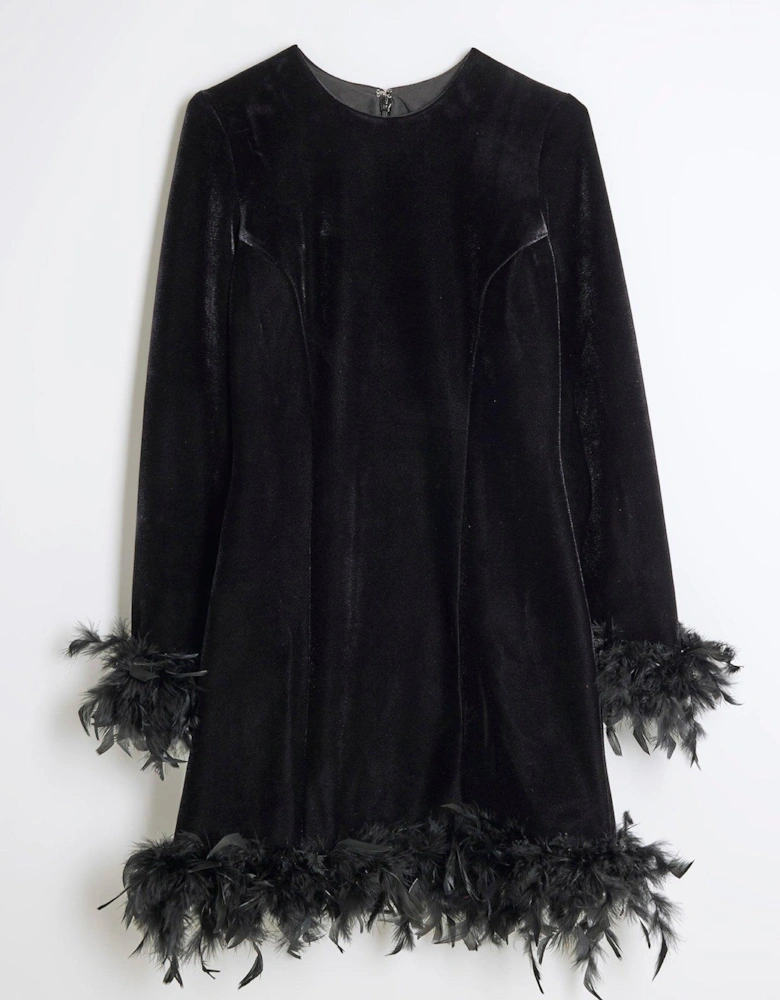Velvet Feather Hem Dress - Black